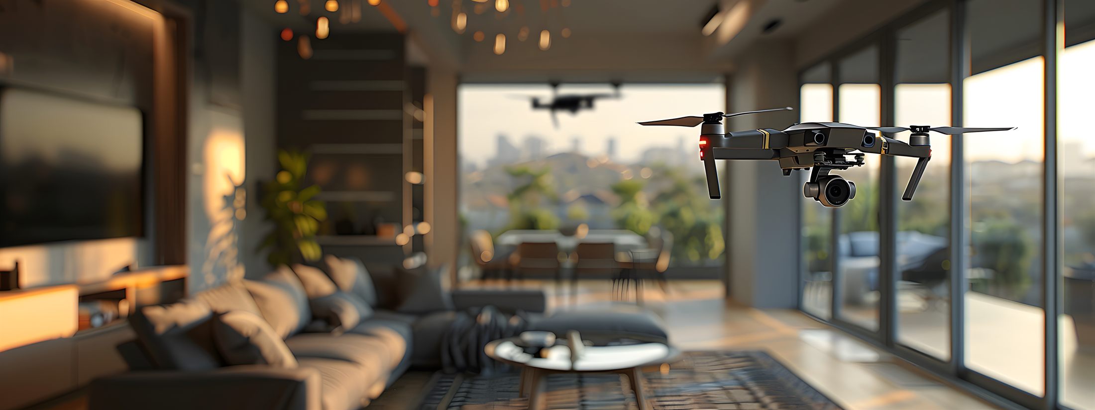 Przelot FPV dronem wewnątrz salonu — nagranie POV z gogli